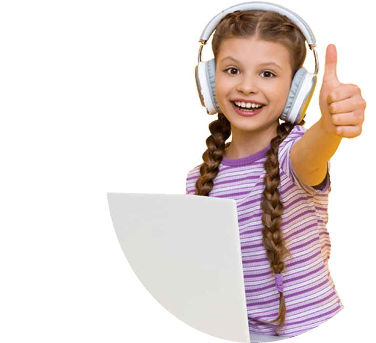 Student with headphones giving thumbs up